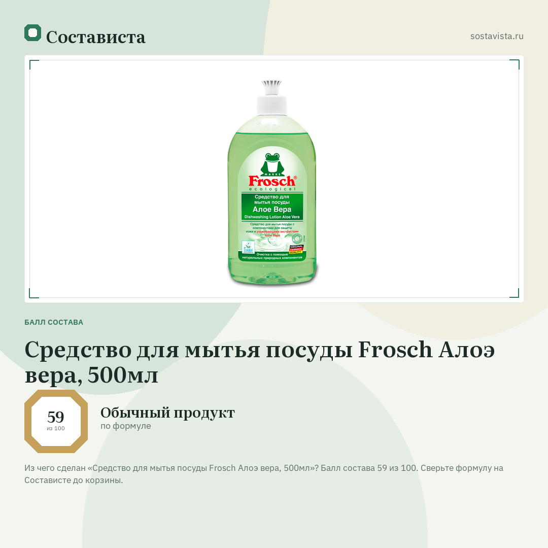 Средство для мытья посуды Frosch Алоэ вера, 500мл: балл состава 59 из 100 — Состависта
