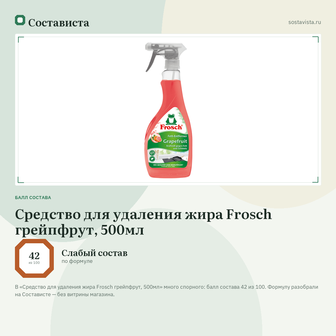 Средство для удаления жира Frosch грейпфрут, 500мл: балл состава 42 из 100 — Состависта