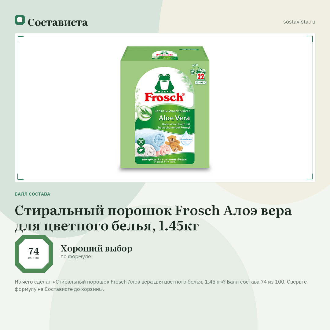 Стиральный порошок Frosch Алоэ вера для цветного белья, 1.45кг: балл состава 74 из 100 — Состависта