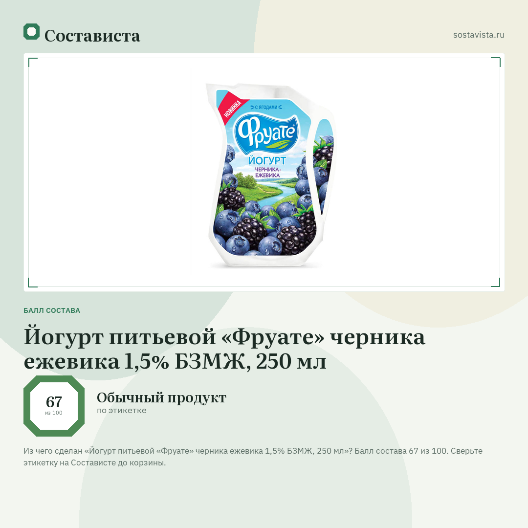 Йогурт питьевой «Фруате» черника ежевика 1,5% БЗМЖ, 250 мл: балл состава 67 из 100 — Состависта