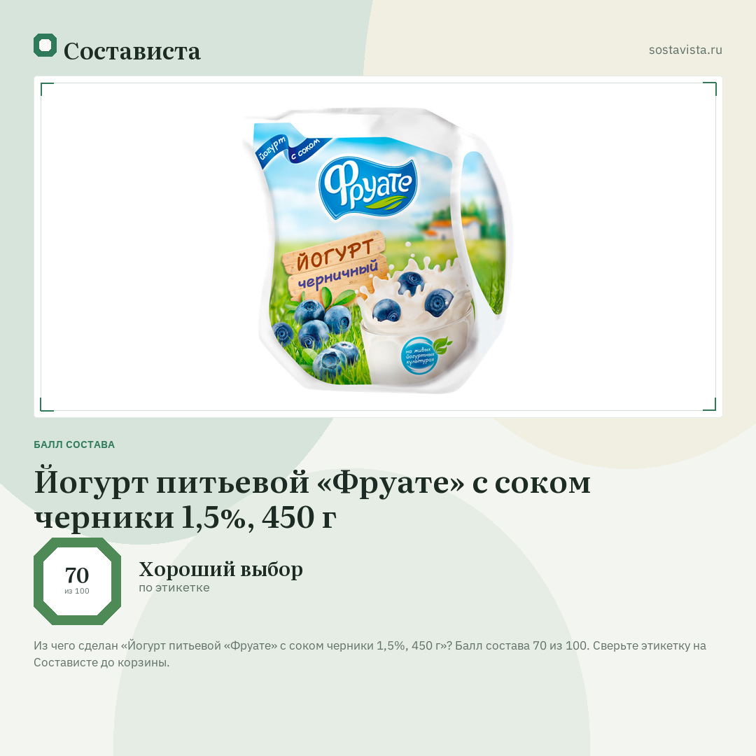 Йогурт питьевой «Фруате» с соком черники 1,5%, 450 г: балл состава 70 из 100 — Состависта
