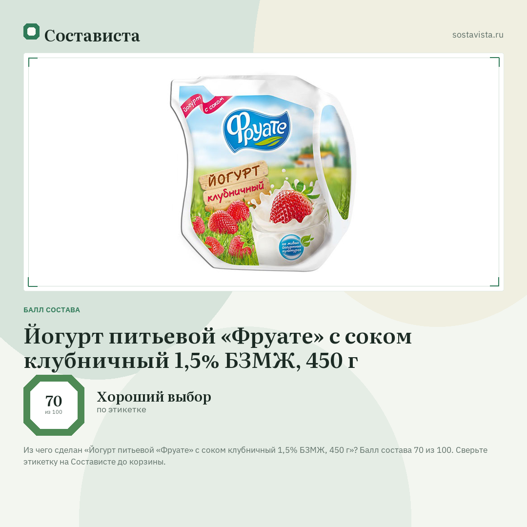 Йогурт питьевой «Фруате» с соком клубничный 1,5% БЗМЖ, 450 г: балл состава 70 из 100 — Состависта