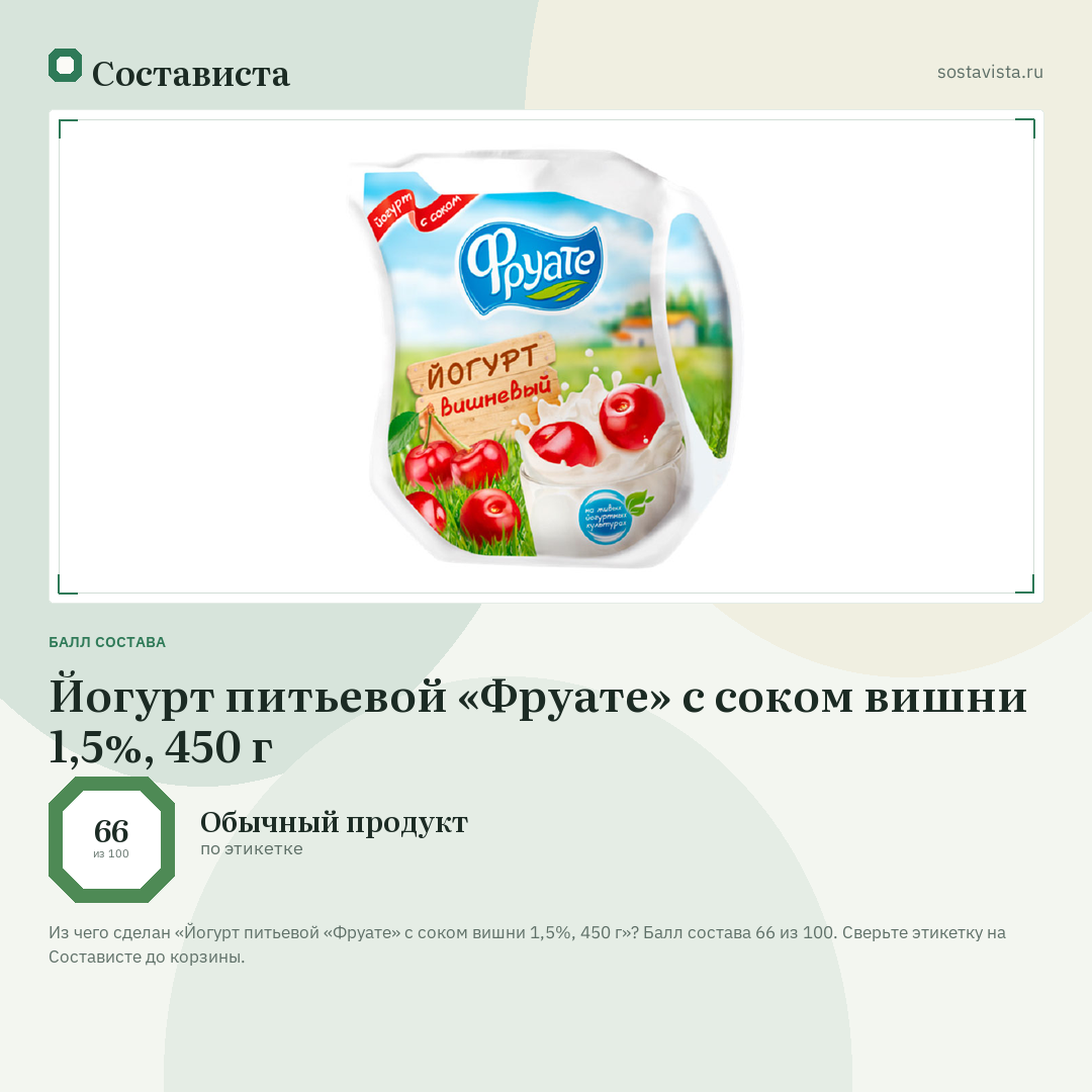 Йогурт питьевой «Фруате» с соком вишни 1,5%, 450 г: балл состава 66 из 100 — Состависта