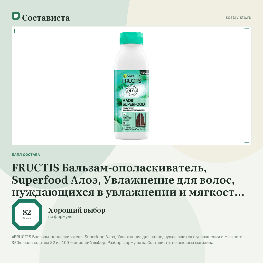 FRUCTIS Бальзам-ополаскиватель, Superfood Алоэ, Увлажнение для волос, нуждающихся в увлажнении и мягкости 350: балл состава 82 из 100 — Состависта