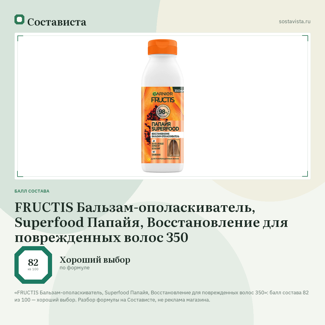FRUCTIS Бальзам-ополаскиватель, Superfood Папайя, Восстановление для поврежденных волос 350: балл состава 82 из 100 — Состависта