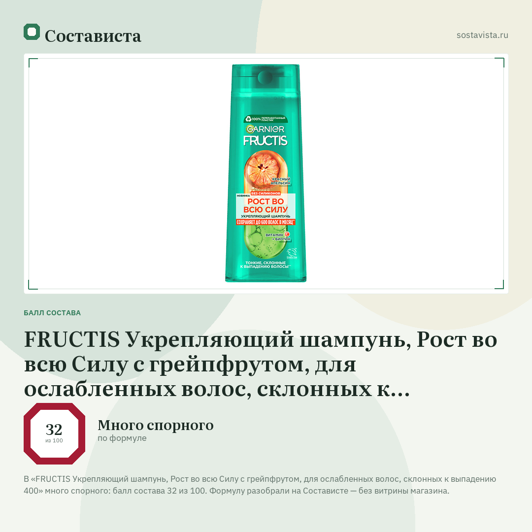 FRUCTIS Укрепляющий шампунь, Рост во всю Силу с грейпфрутом, для ослабленных волос, склонных к выпадению 400: балл состава 32 из 100 — Состависта