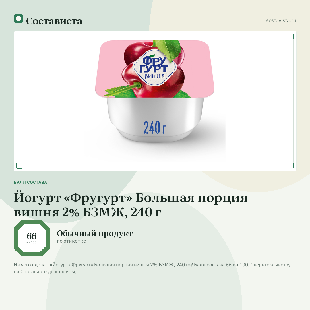 Йогурт «Фругурт» Большая порция вишня 2% БЗМЖ, 240 г: балл состава 66 из 100 — Состависта