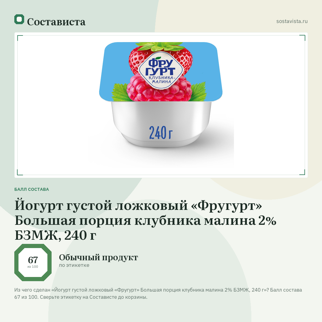 Йогурт густой ложковый «Фругурт» Большая порция клубника малина 2% БЗМЖ, 240 г: балл состава 67 из 100 — Состависта