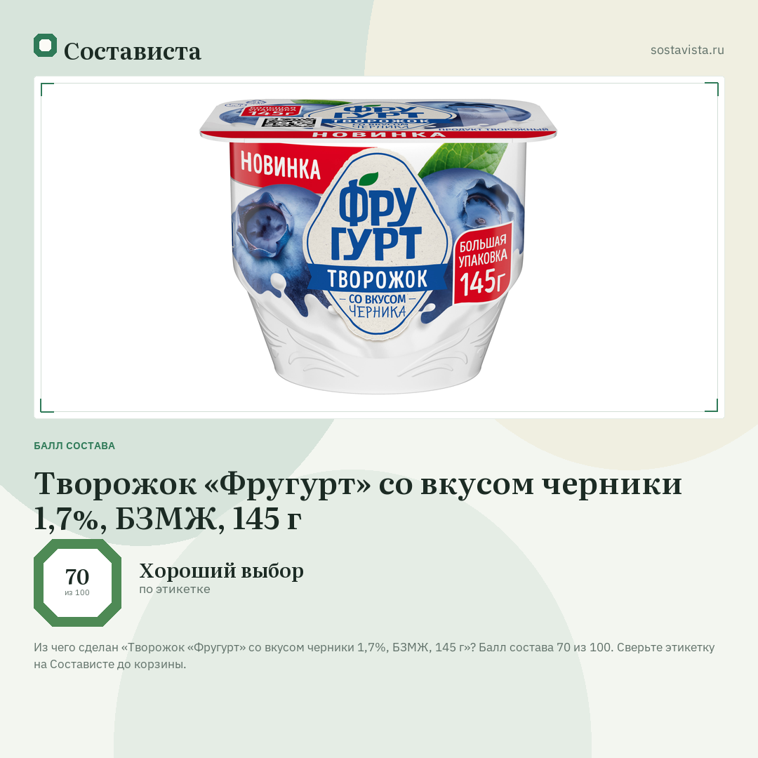 Творожок «Фругурт» со вкусом черники 1,7%, БЗМЖ, 145 г: балл состава 70 из 100 — Состависта
