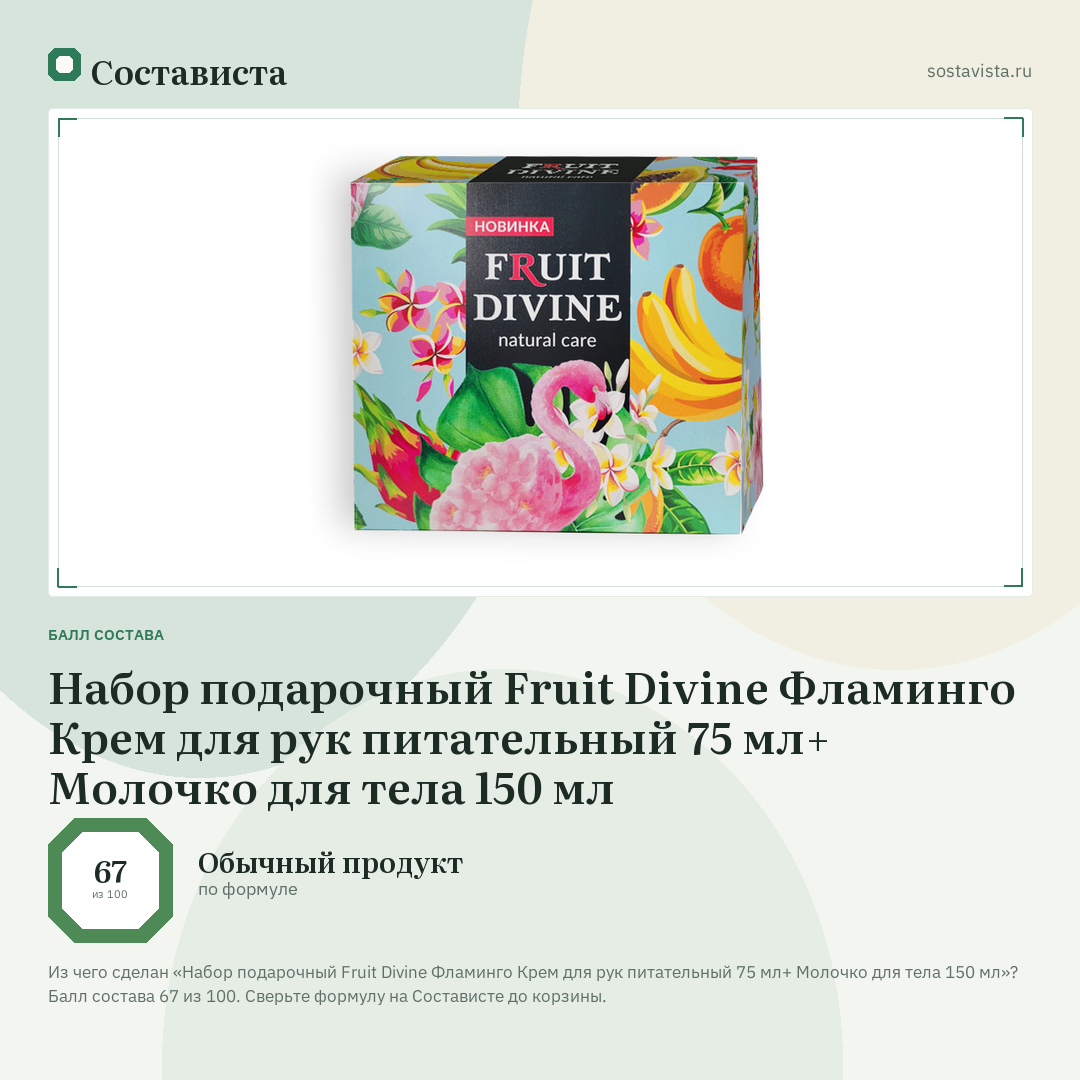 Набор подарочный Fruit Divine Фламинго Крем для рук питательный 75 мл+ Молочко для тела 150 мл: балл состава 67 из 100 — Состависта