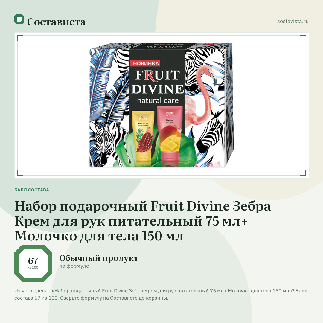Набор подарочный Fruit Divine Зебра Крем для рук питательный 75 мл+ Молочко для тела 150 мл: балл состава 67 из 100 — Состависта