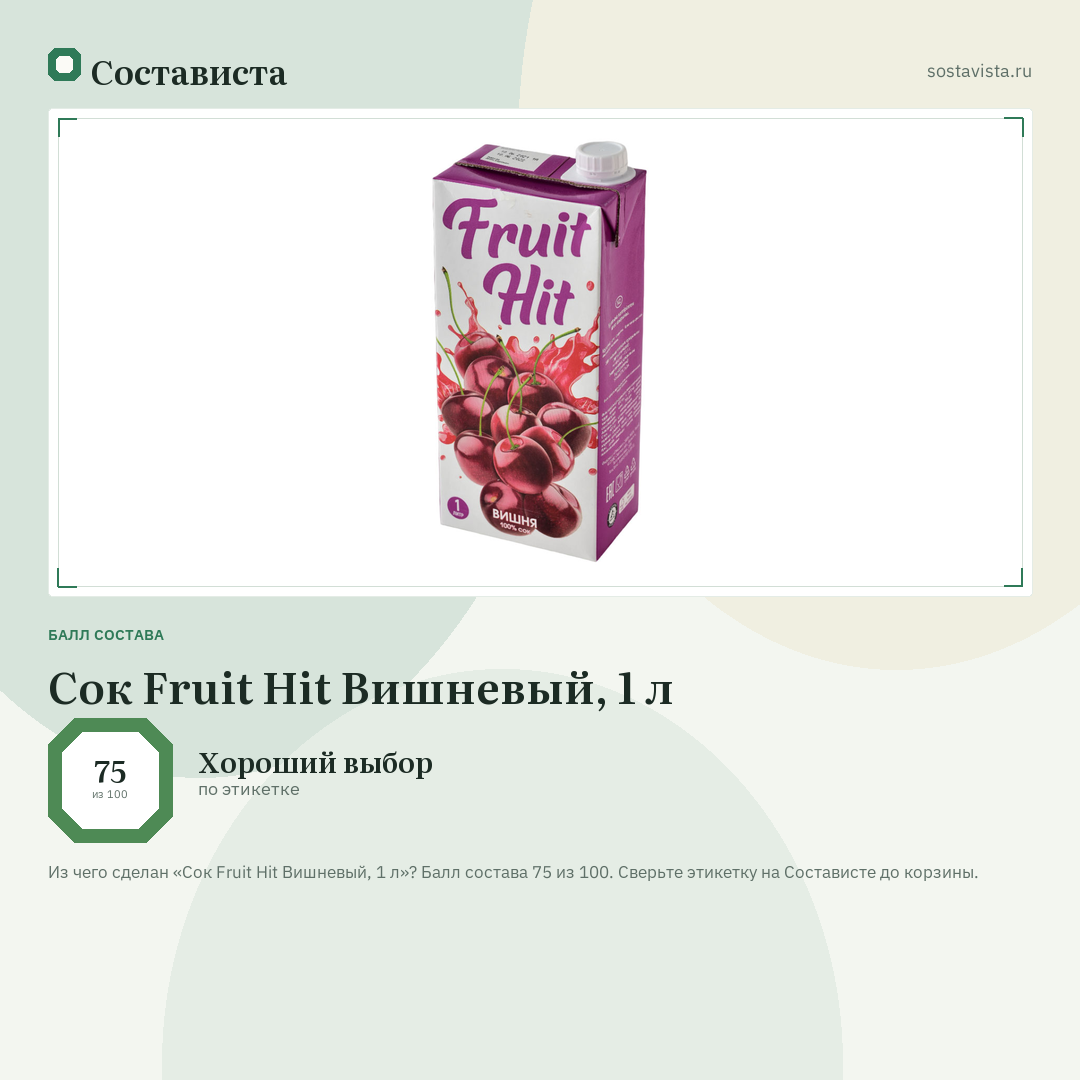 Сок Fruit Hit Вишневый, 1 л: балл состава 75 из 100 — Состависта