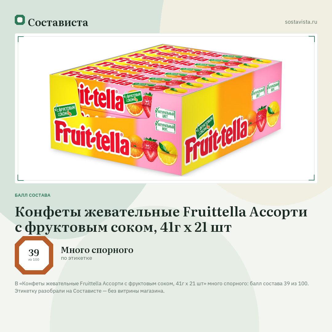 Конфеты жевательные Fruittella Ассорти с фруктовым соком, 41г x 21 шт: балл состава 39 из 100 — Состависта