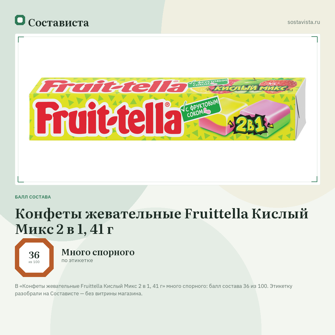 Конфеты жевательные Fruittella Кислый Микс 2 в 1, 41 г: балл состава 36 из 100 — Состависта