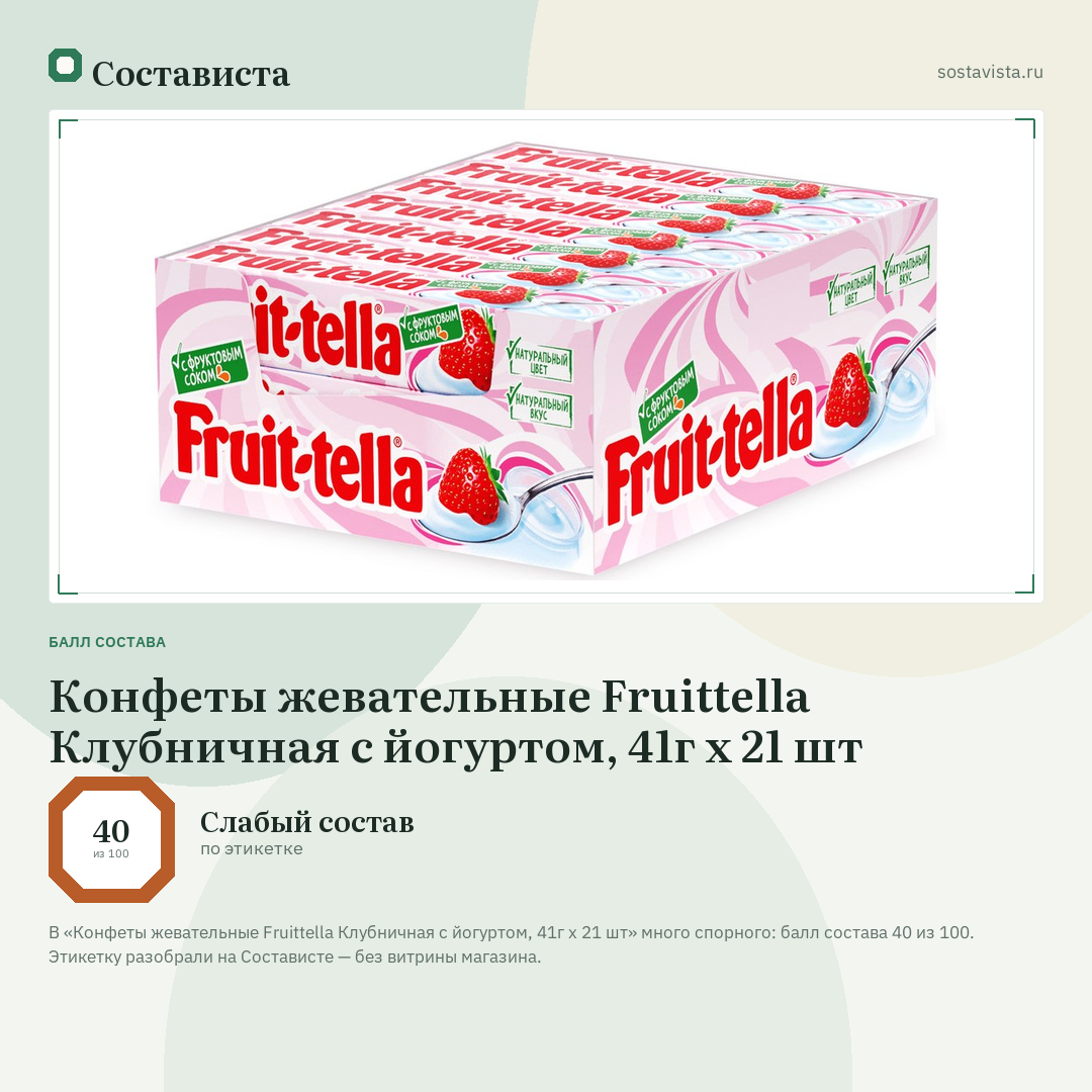 Конфеты жевательные Fruittella Клубничная с йогуртом, 41г x 21 шт: балл состава 40 из 100 — Состависта