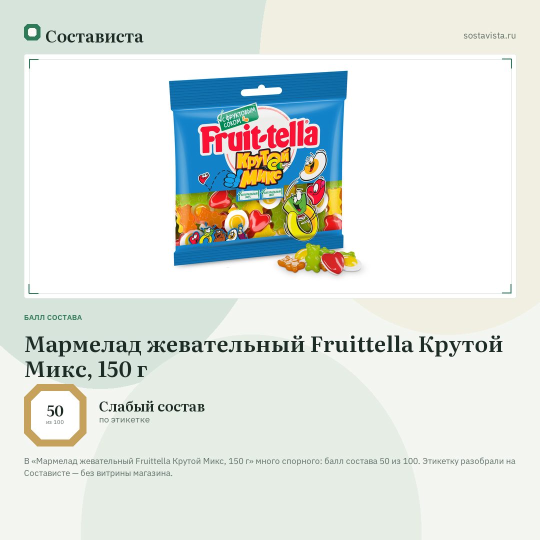 Мармелад жевательный Fruittella Крутой Микс, 150 г: балл состава 50 из 100 — Состависта