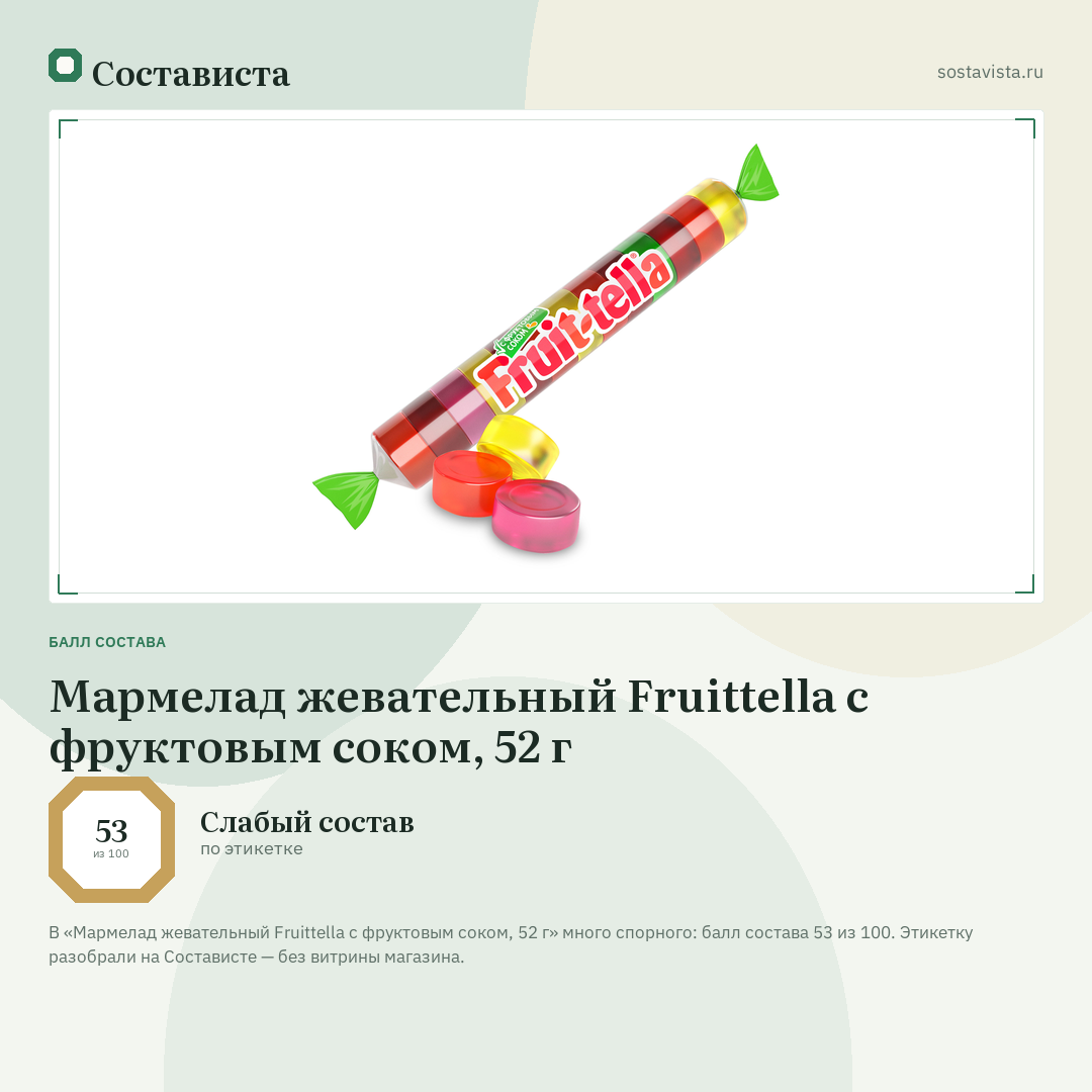 Мармелад жевательный Fruittella с фруктовым соком, 52 г: балл состава 53 из 100 — Состависта