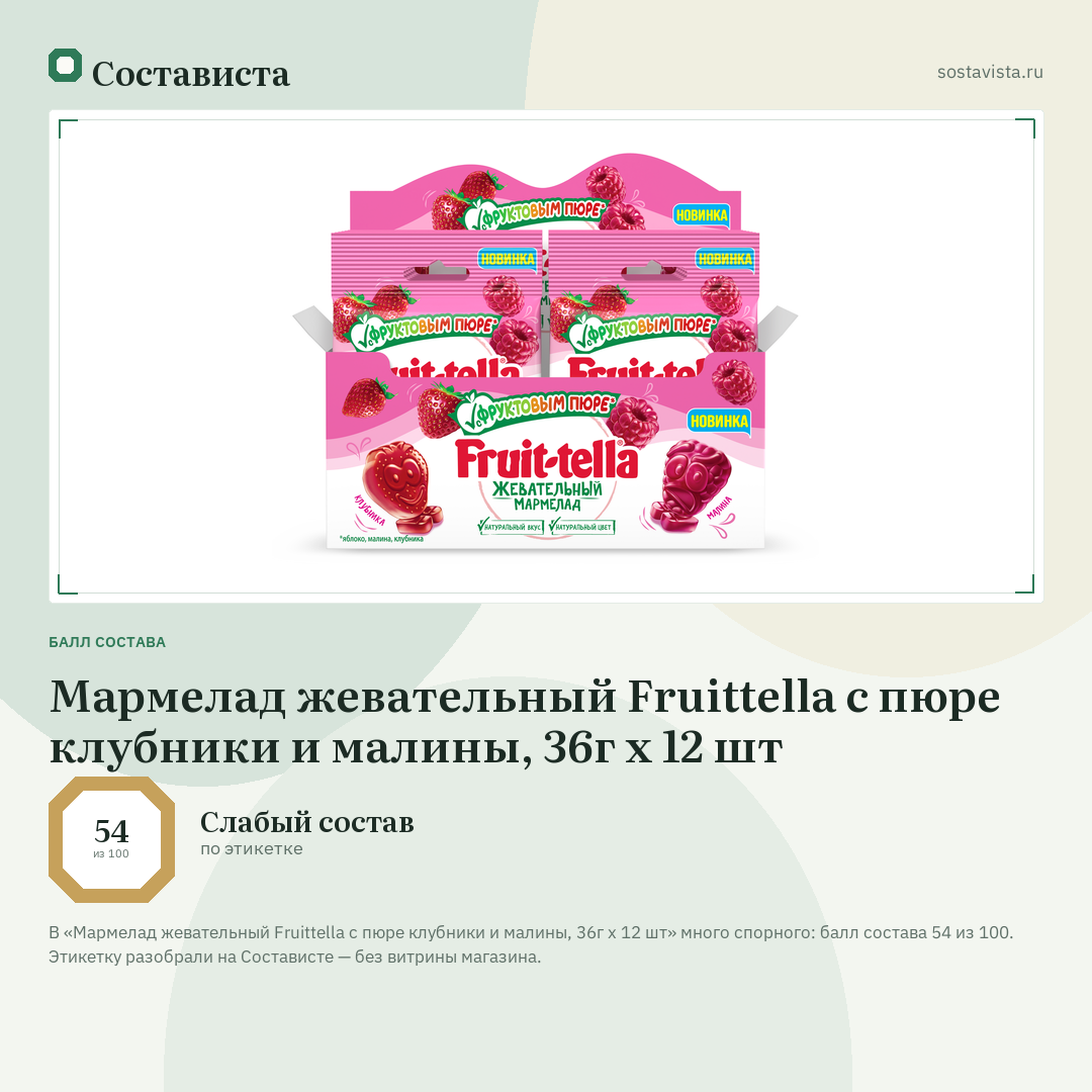 Мармелад жевательный Fruittella с пюре клубники и малины, 36г x 12 шт: балл состава 54 из 100 — Состависта