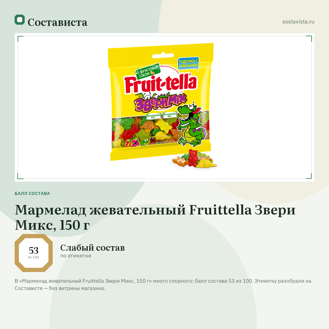 Мармелад жевательный Fruittella Звери Микс, 150 г: балл состава 53 из 100 — Состависта