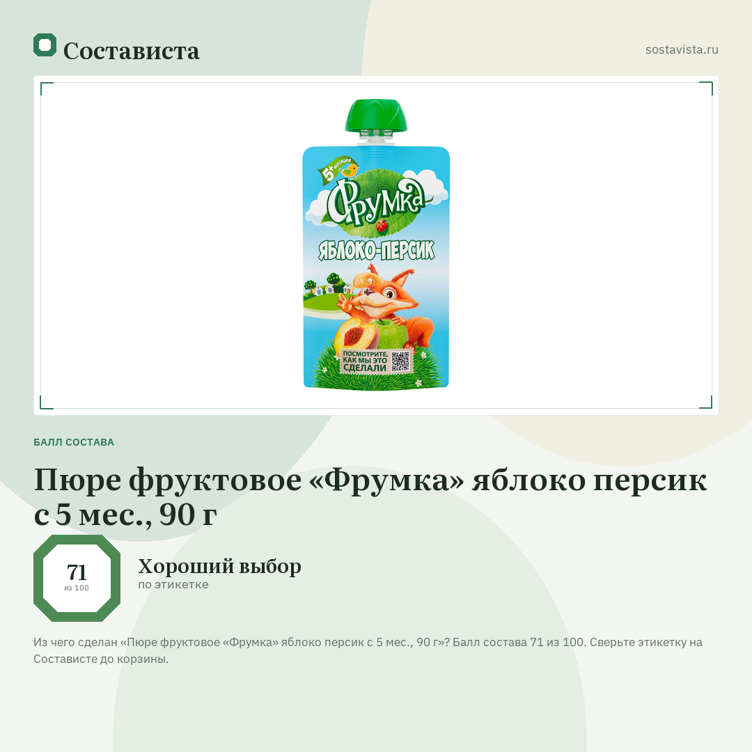 Пюре фруктовое «Фрумка» яблоко персик с 5 мес., 90 г: балл состава 71 из 100 — Состависта