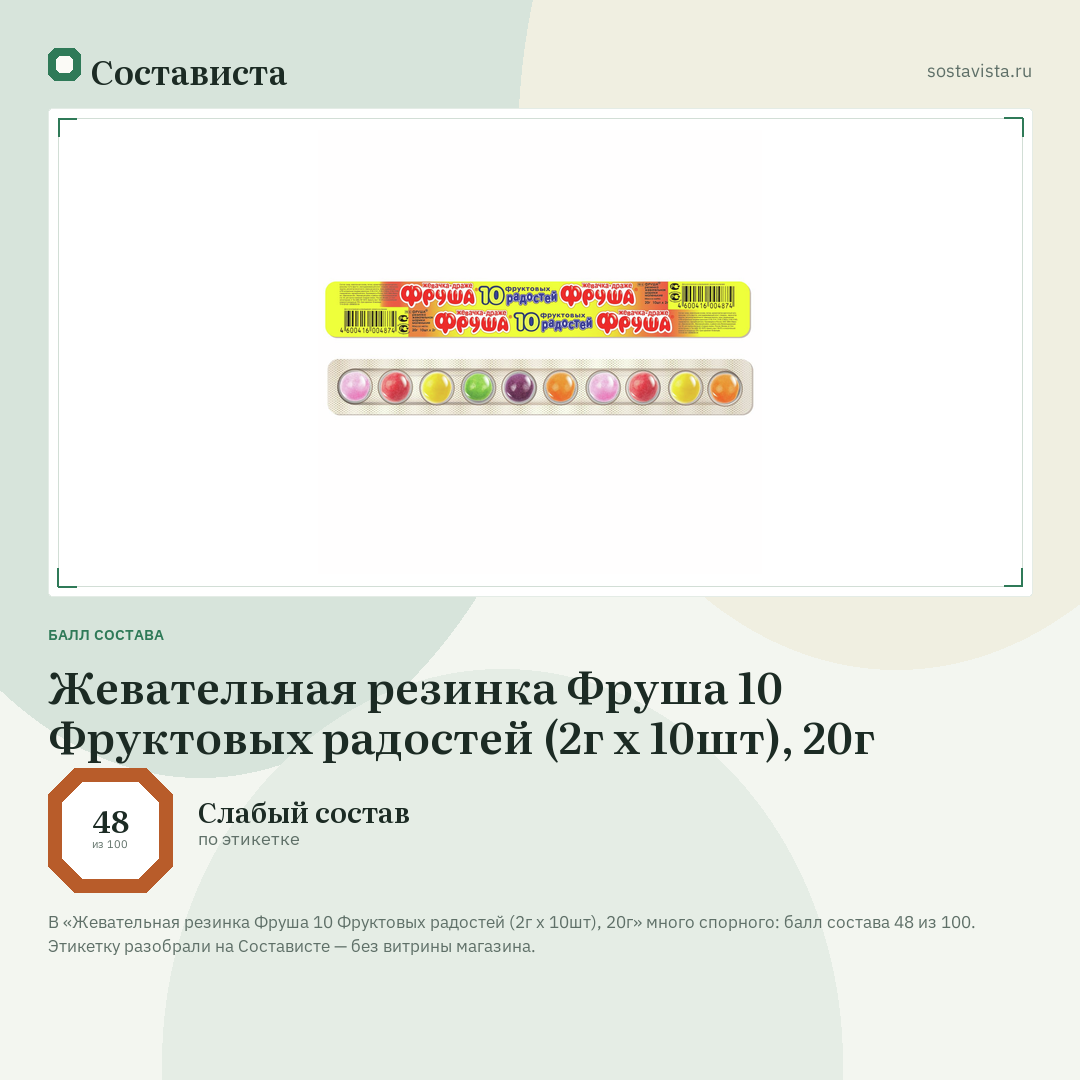 Жевательная резинка Фруша 10 Фруктовых радостей (2г х 10шт), 20г: балл состава 48 из 100 — Состависта