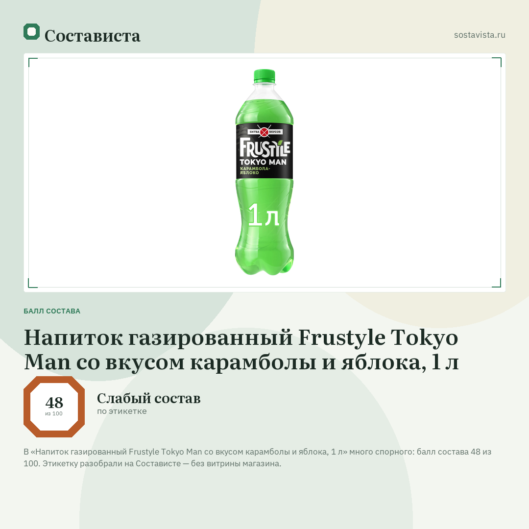 Напиток газированный Frustyle Tokyo Man со вкусом карамболы и яблока, 1 л: балл состава 48 из 100 — Состависта