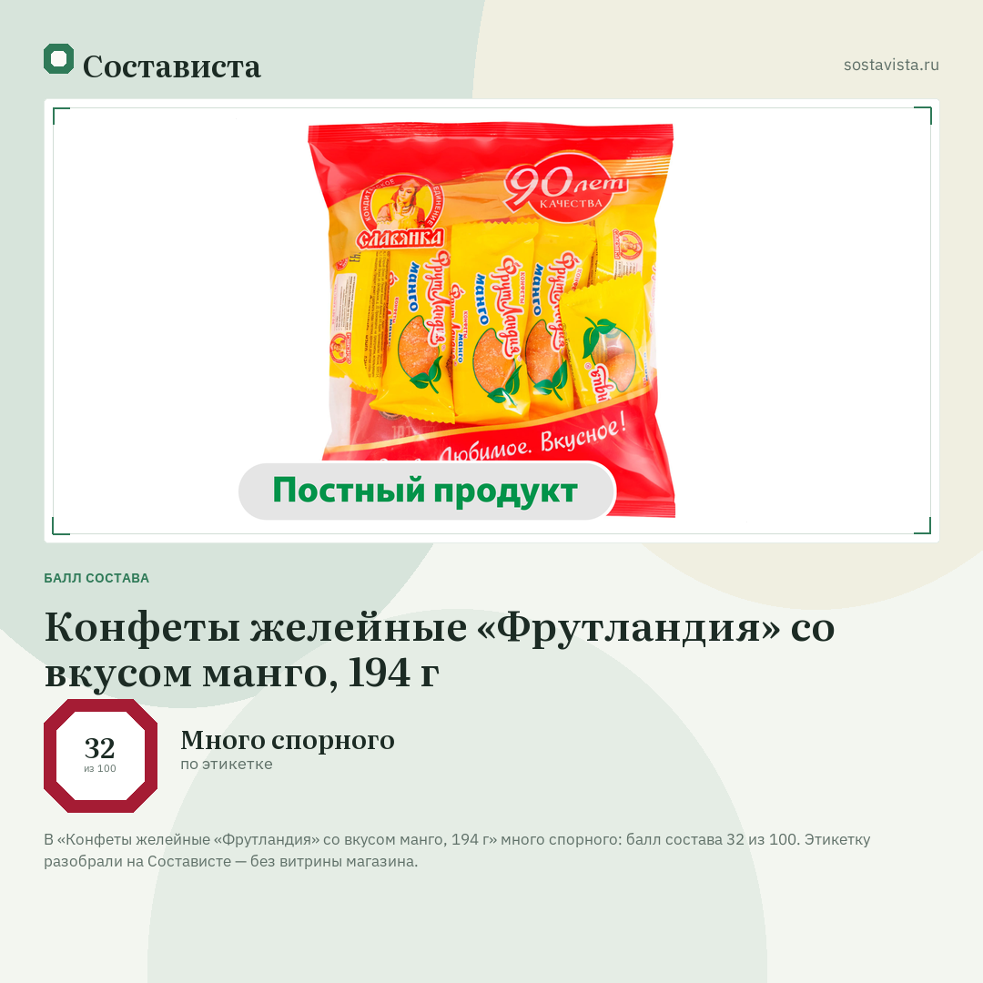 Конфеты желейные «Фрутландия» со вкусом манго, 194 г: балл состава 32 из 100 — Состависта