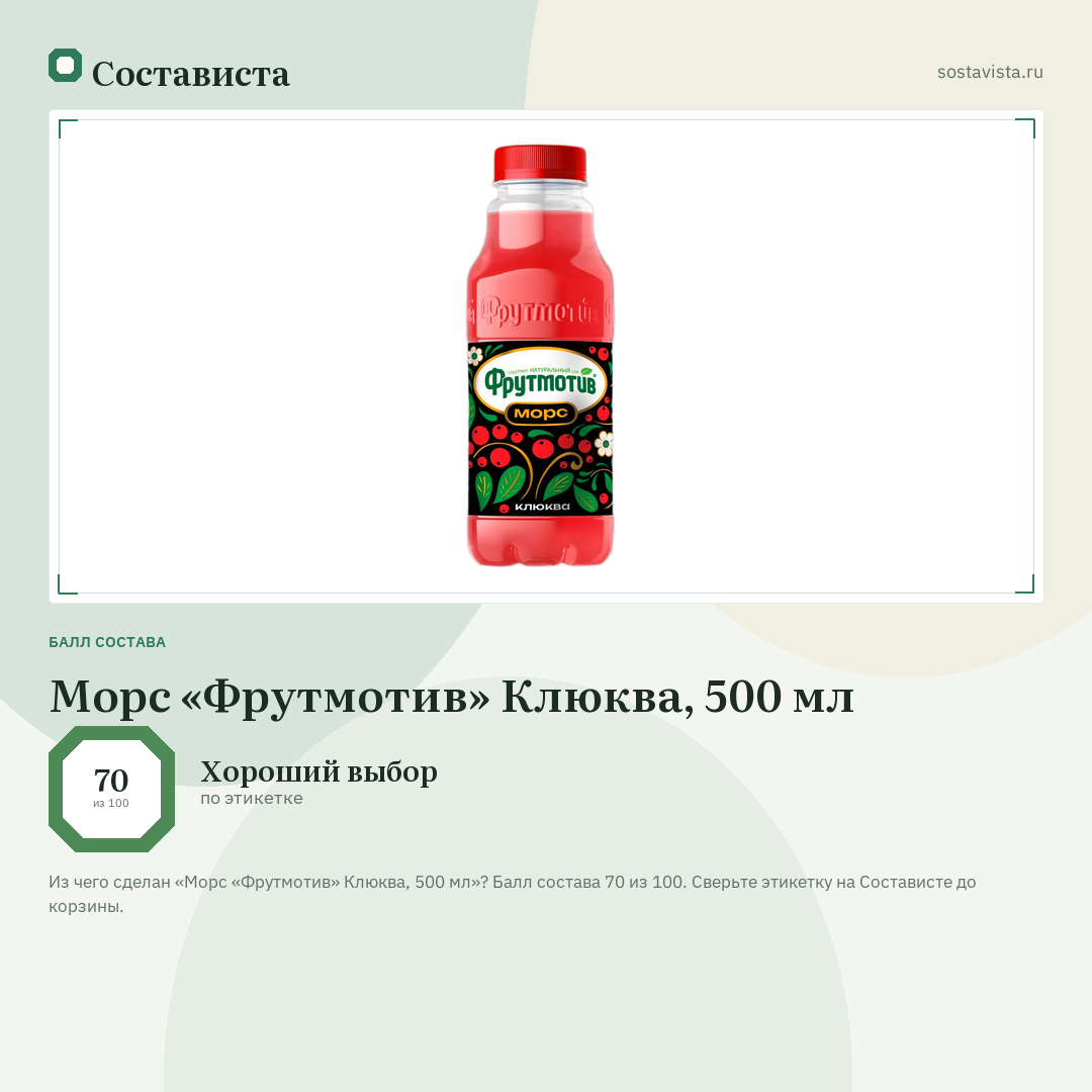Морс «Фрутмотив» Клюква, 500 мл: балл состава 70 из 100 — Состависта