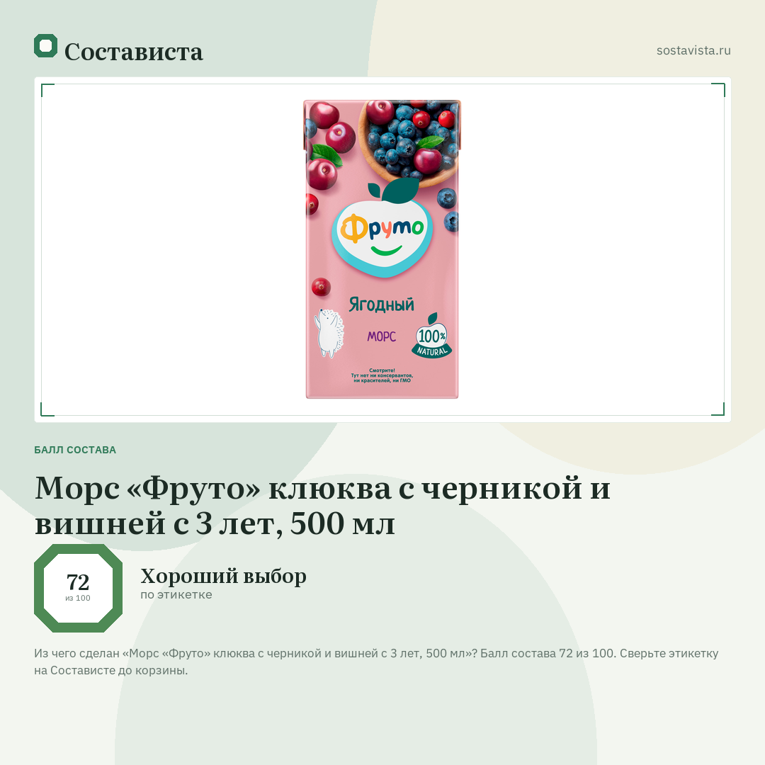 Морс «Фруто» клюква с черникой и вишней с 3 лет, 500 мл: балл состава 72 из 100 — Состависта