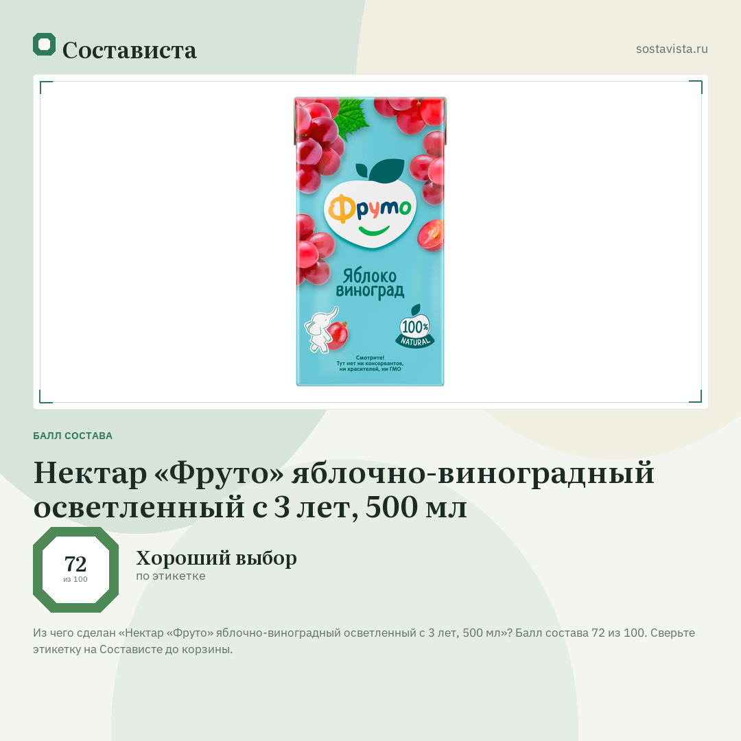 Нектар «Фруто» яблочно-виноградный осветленный с 3 лет, 500 мл: балл состава 72 из 100 — Состависта