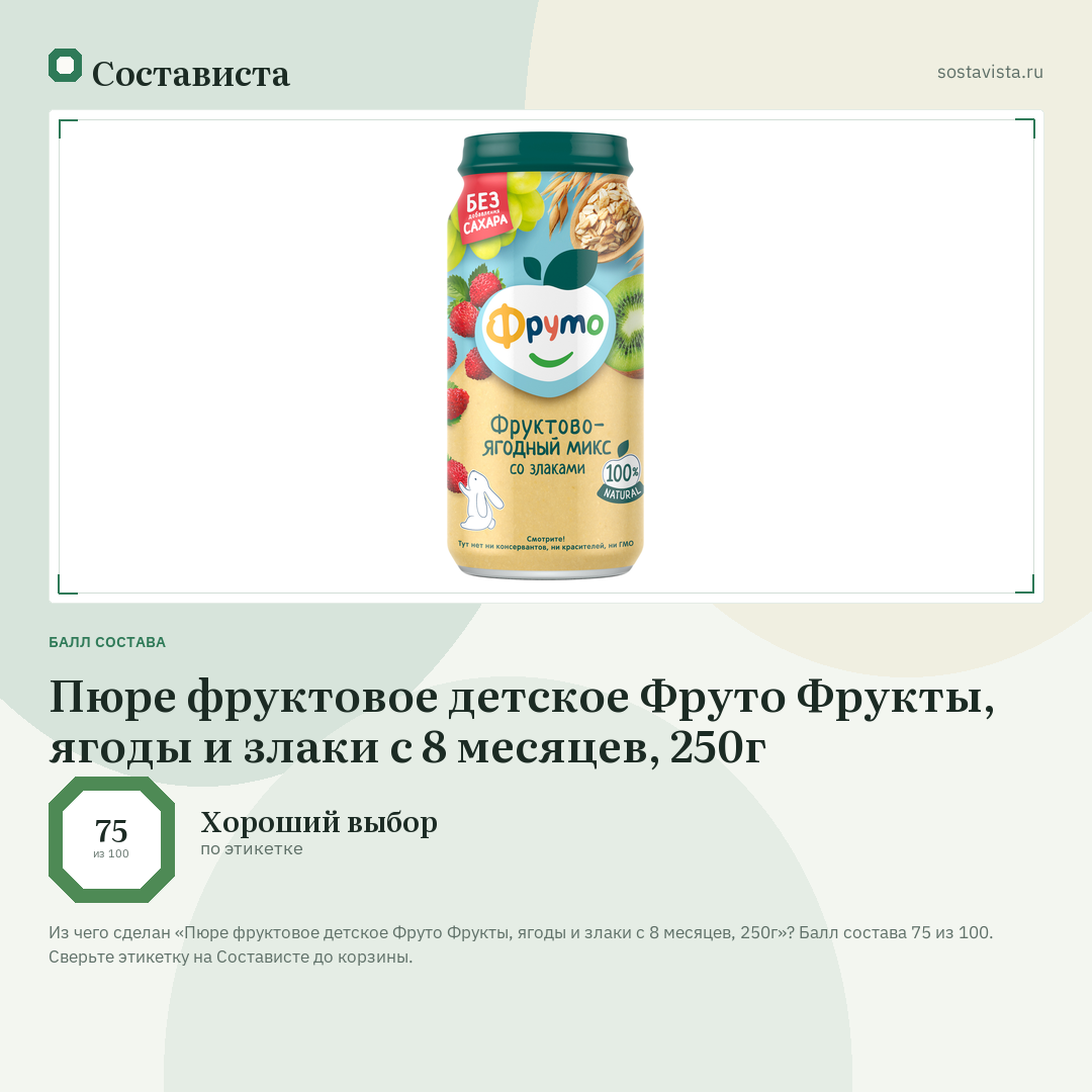 Пюре фруктовое детское Фруто Фрукты, ягоды и злаки с 8 месяцев, 250г: балл состава 75 из 100 — Состависта