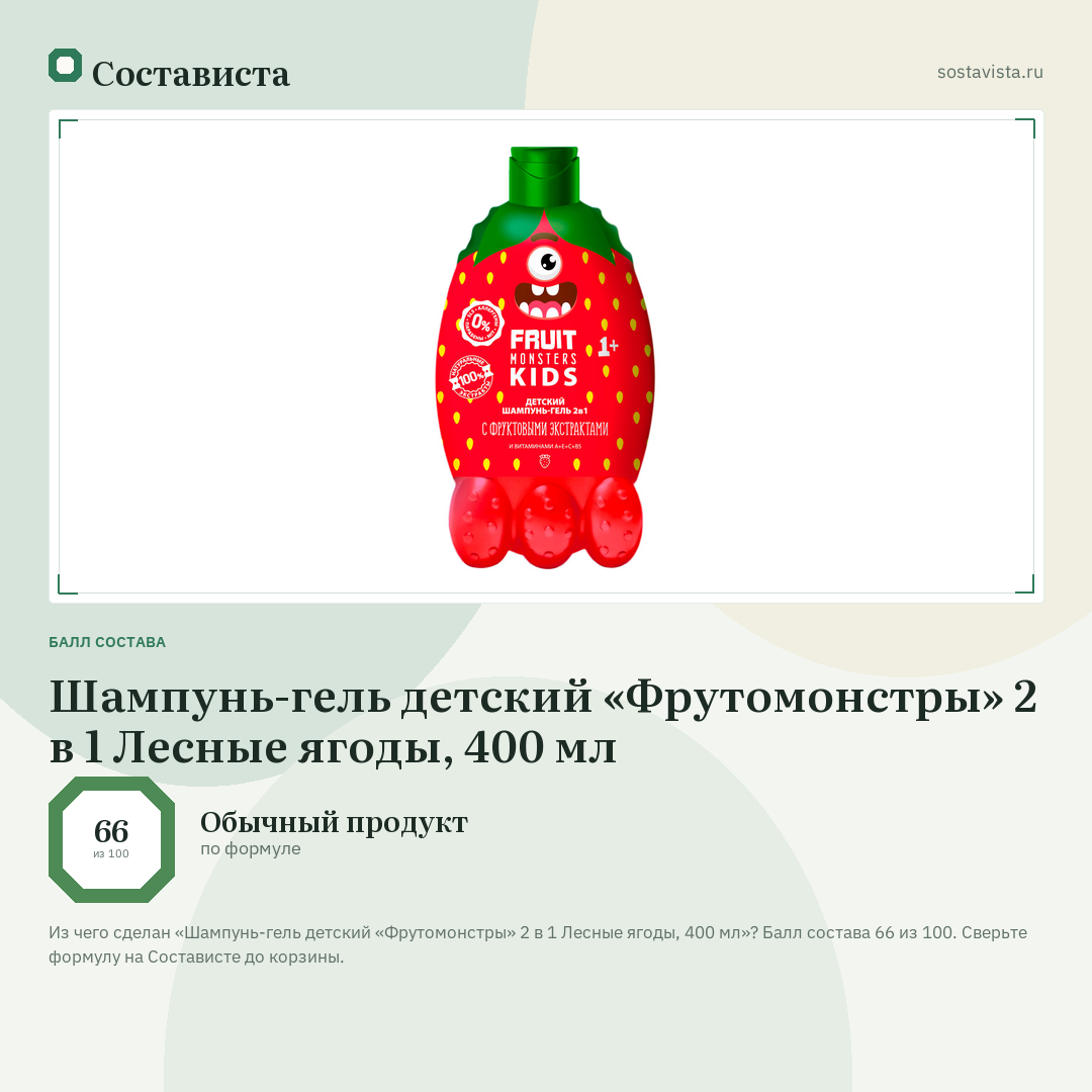 Шампунь-гель детский «Фрутомонстры» 2 в 1 Лесные ягоды, 400 мл: балл состава 66 из 100 — Состависта