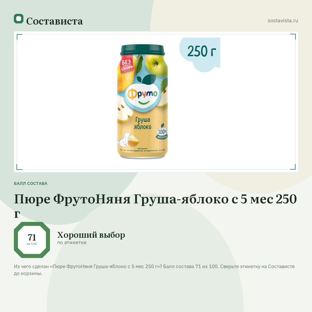 Пюре ФрутоНяня Груша-яблоко с 5 мес 250 г: балл состава 71 из 100 — Состависта