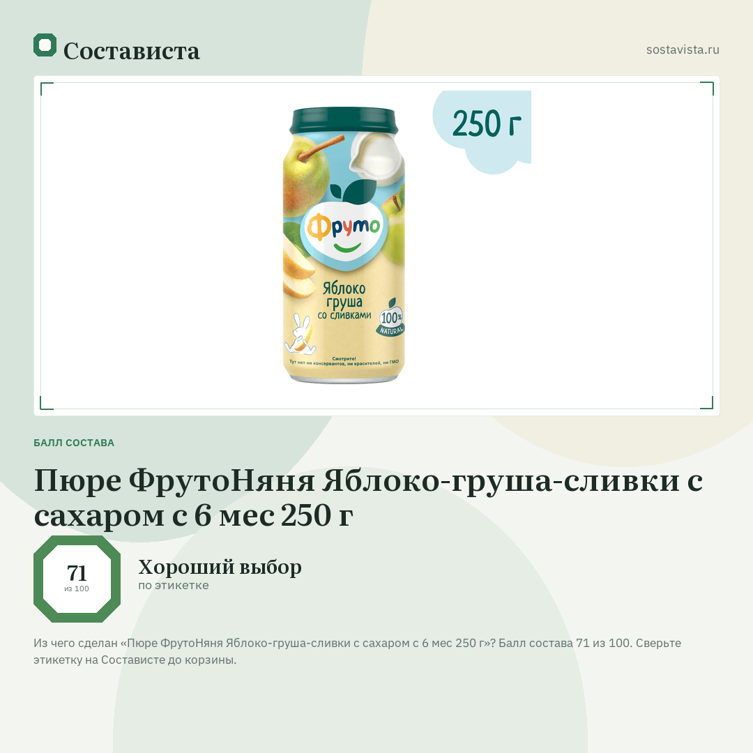 Пюре ФрутоНяня Яблоко-груша-сливки с сахаром с 6 мес 250 г: балл состава 71 из 100 — Состависта
