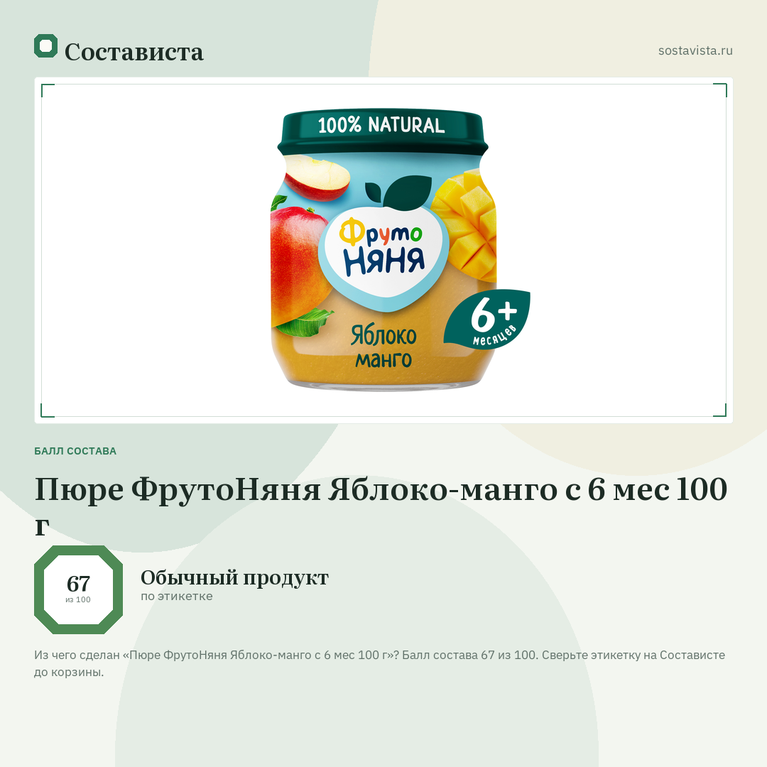 Пюре ФрутоНяня Яблоко-манго с 6 мес 100 г: балл состава 67 из 100 — Состависта