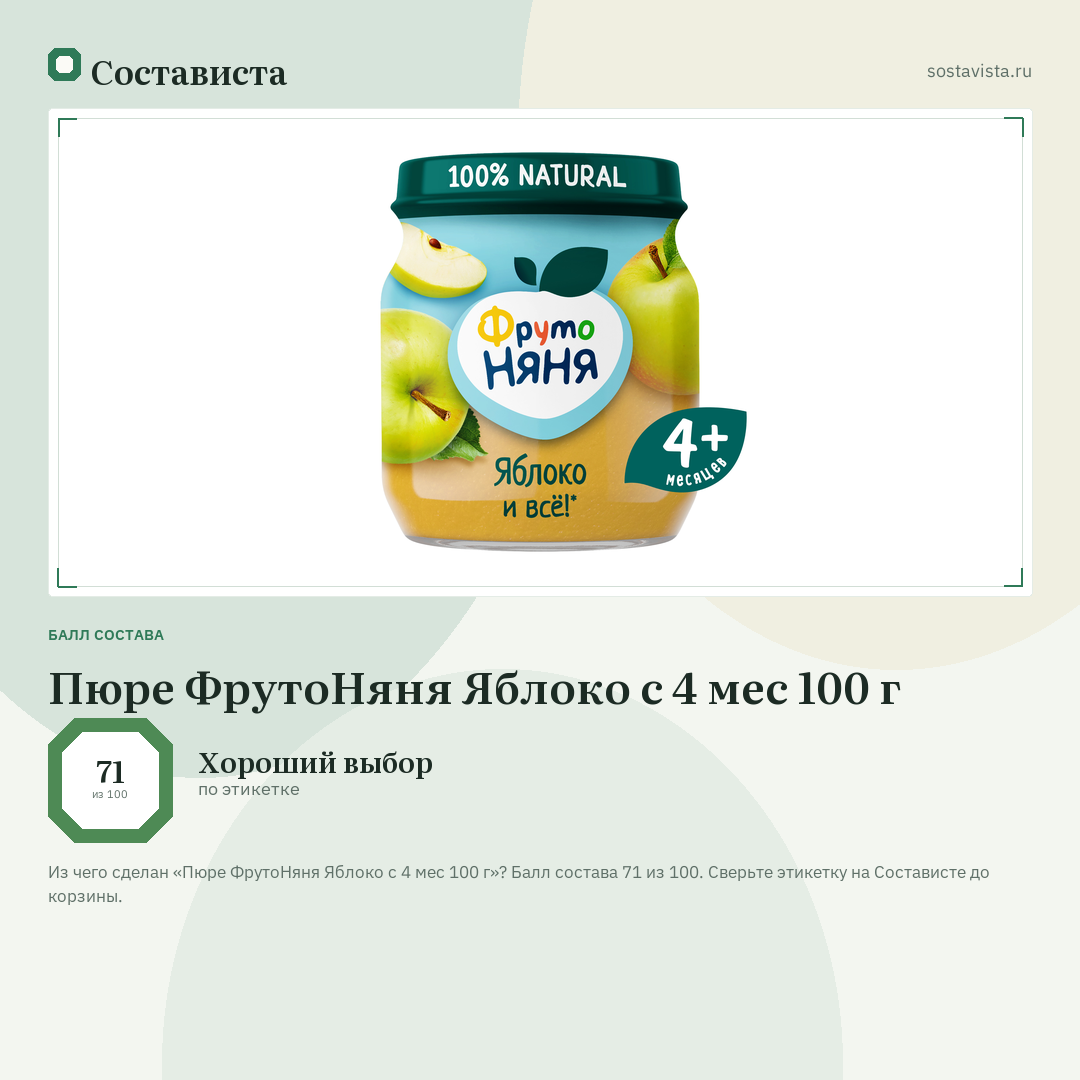 Пюре ФрутоНяня Яблоко с 4 мес 100 г: балл состава 71 из 100 — Состависта