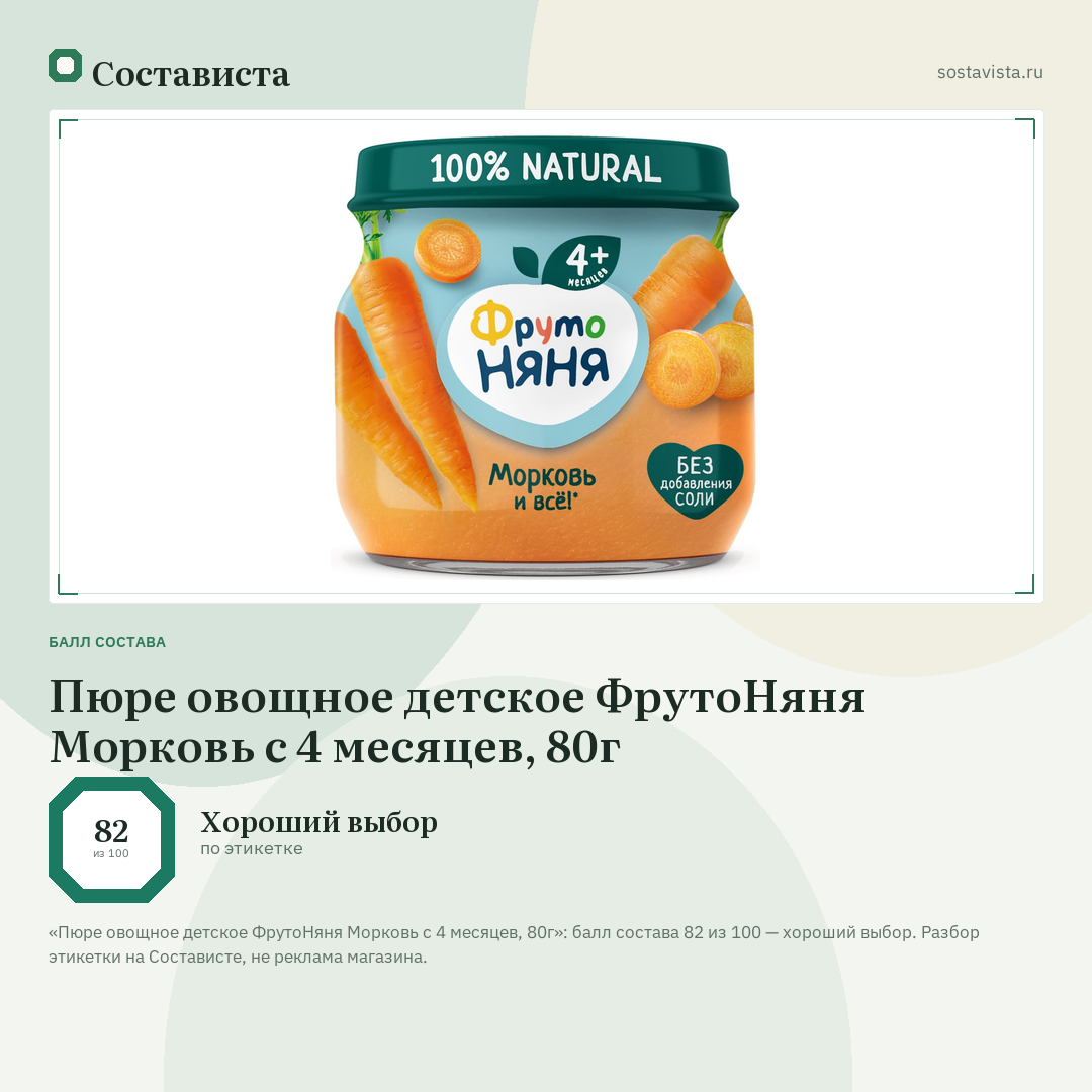 Пюре овощное детское ФрутоНяня Морковь с 4 месяцев, 80г: балл состава 82 из 100 — Состависта
