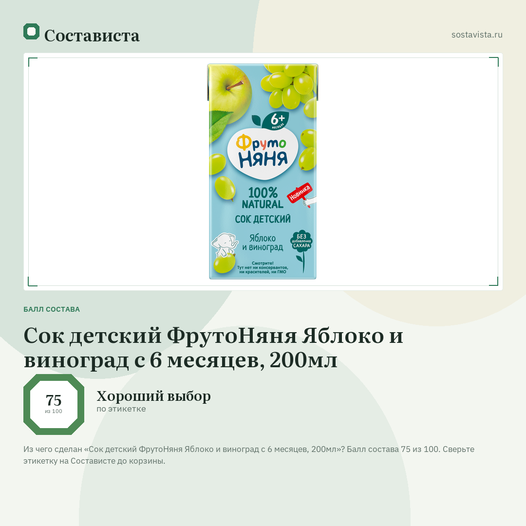 Сок детский ФрутоНяня Яблоко и виноград с 6 месяцев, 200мл: балл состава 75 из 100 — Состависта