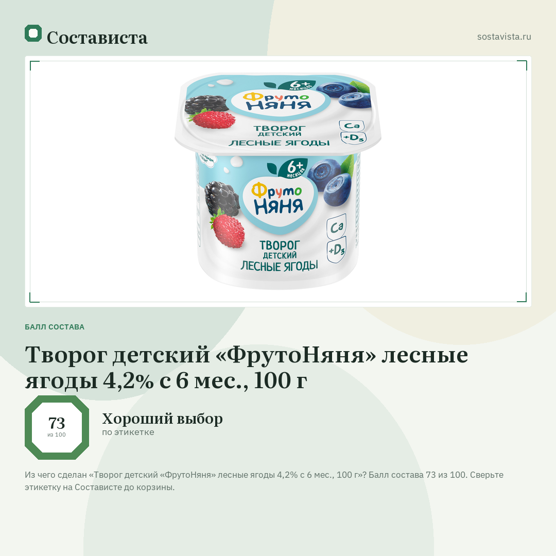 Творог детский «ФрутоНяня» лесные ягоды 4,2% с 6 мес., 100 г: балл состава 73 из 100 — Состависта
