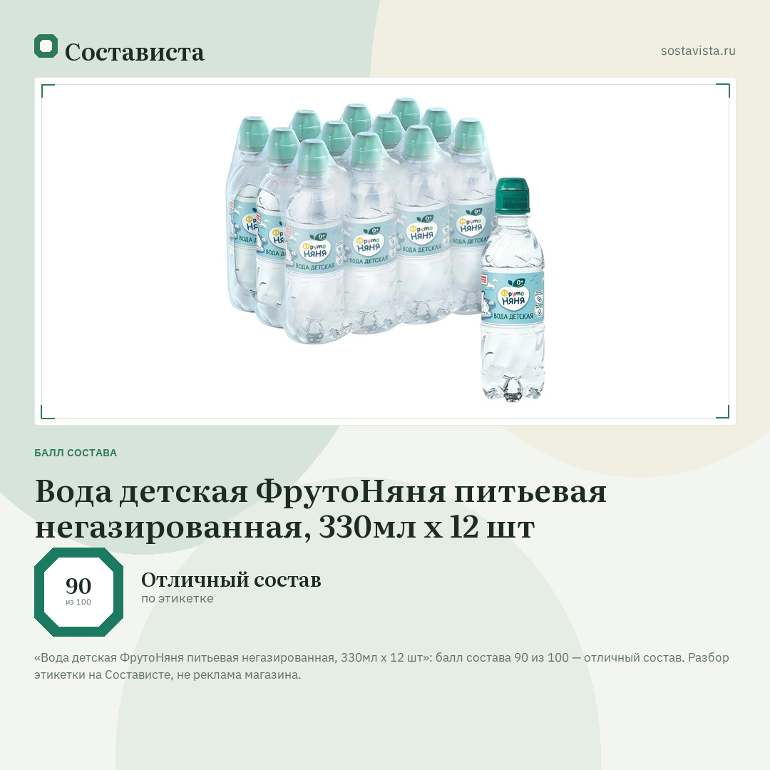 Вода детская ФрутоНяня питьевая негазированная, 330мл x 12 шт: балл состава 90 из 100 — Состависта