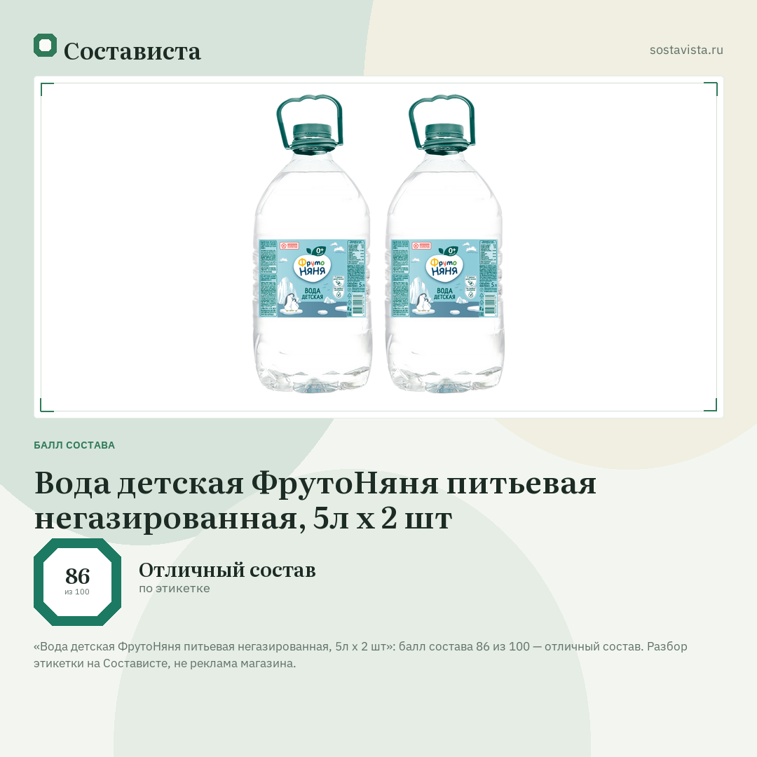 Вода детская ФрутоНяня питьевая негазированная, 5л x 2 шт: балл состава 86 из 100 — Состависта