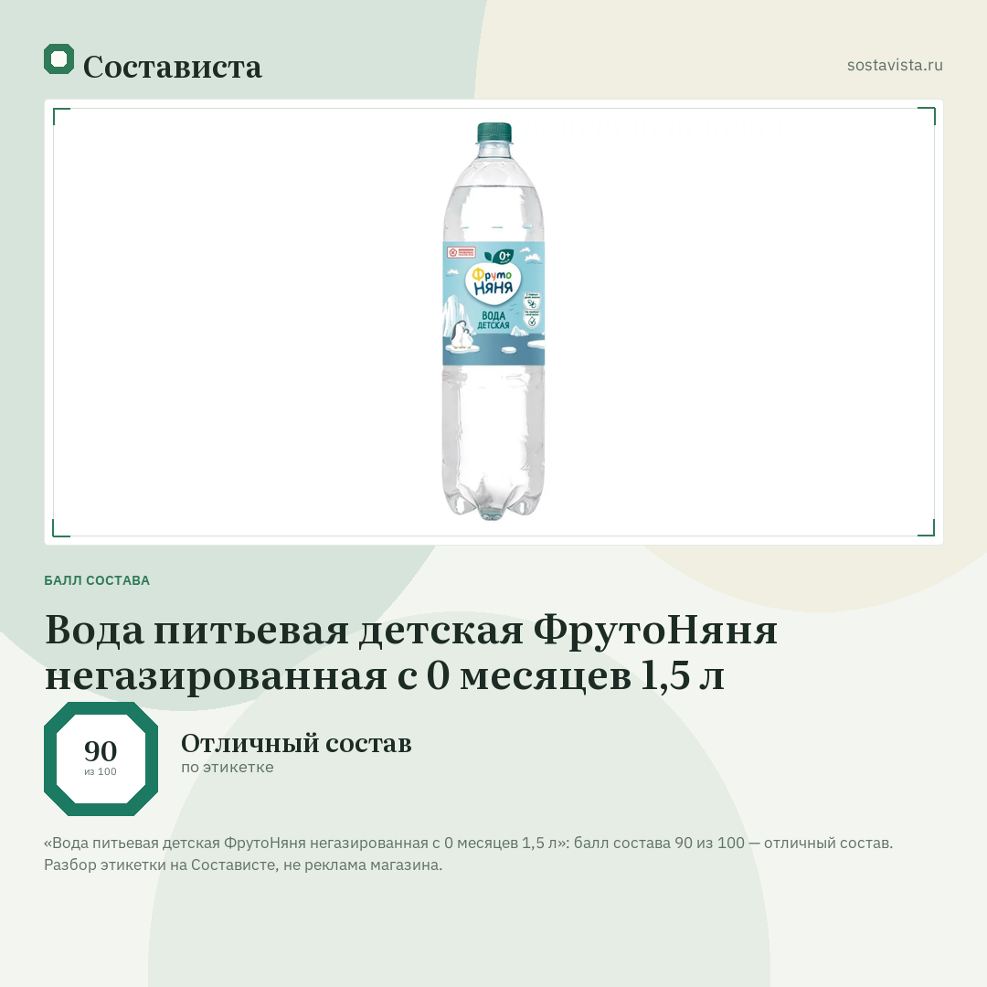 Вода питьевая детская ФрутоНяня негазированная с 0 месяцев 1,5 л: балл состава 90 из 100 — Состависта