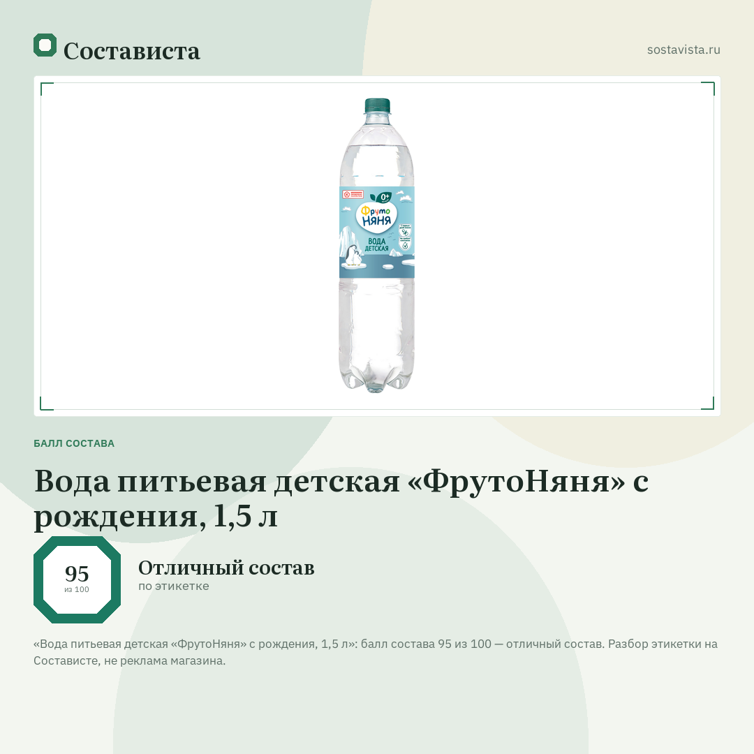 Вода питьевая детская «ФрутоНяня» с рождения, 1,5 л: балл состава 95 из 100 — Состависта