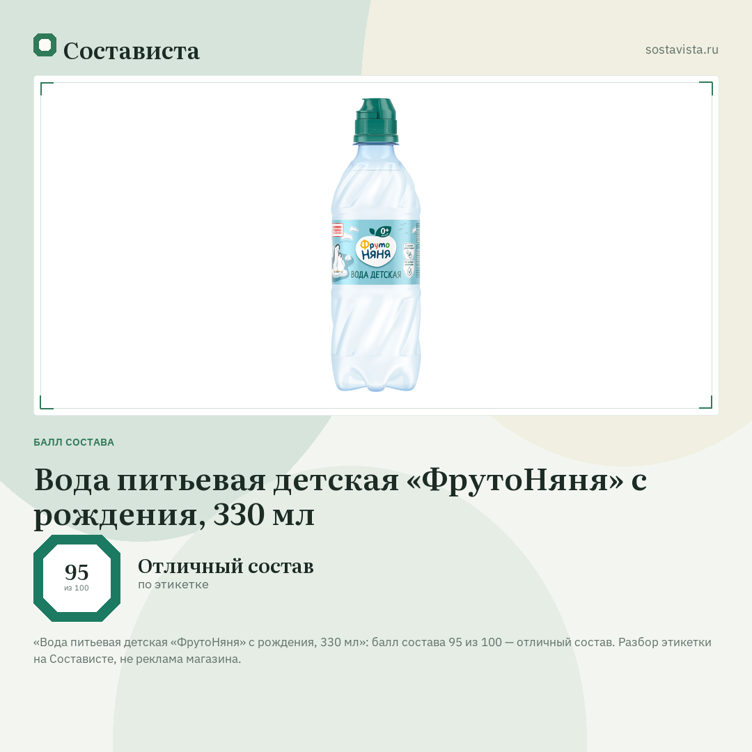 Вода питьевая детская «ФрутоНяня» с рождения, 330 мл: балл состава 95 из 100 — Состависта