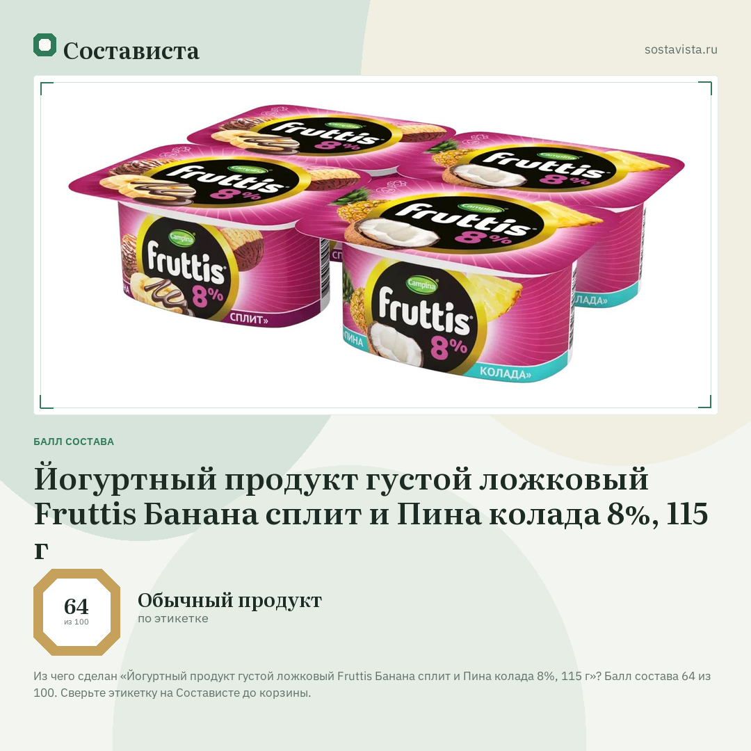Йогуртный продукт густой ложковый Fruttis Банана сплит и Пина колада 8%, 115 г: балл состава 64 из 100 — Состависта