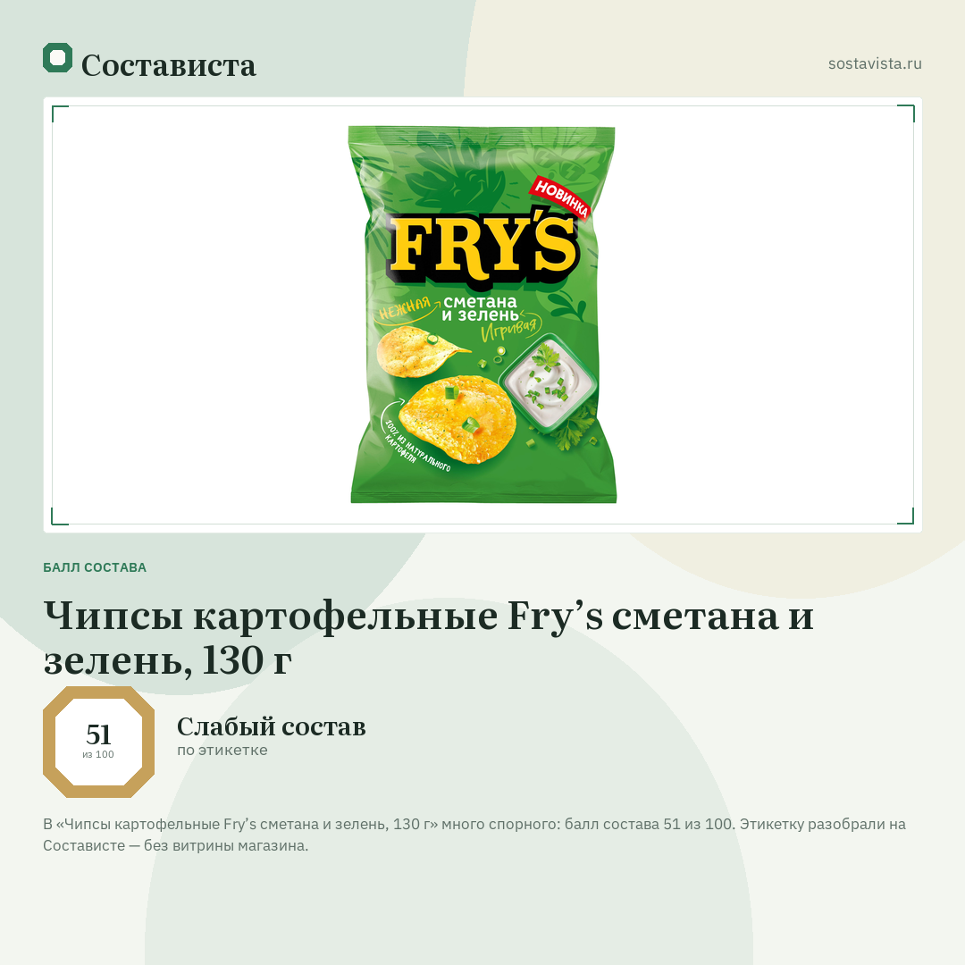 Чипсы картофельные Fry’s сметана и зелень, 130 г: балл состава 51 из 100 — Состависта