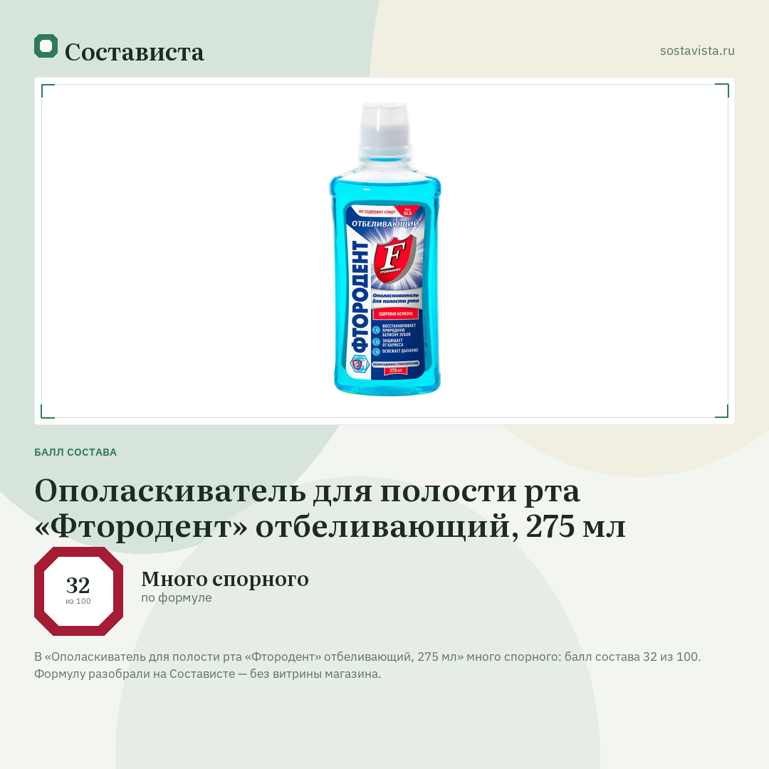 Ополаскиватель для полости рта «Фтородент» отбеливающий, 275 мл: балл состава 32 из 100 — Состависта