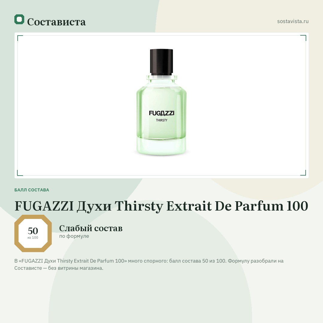 FUGAZZI Духи Thirsty Extrait De Parfum 100: балл состава 50 из 100 — Состависта
