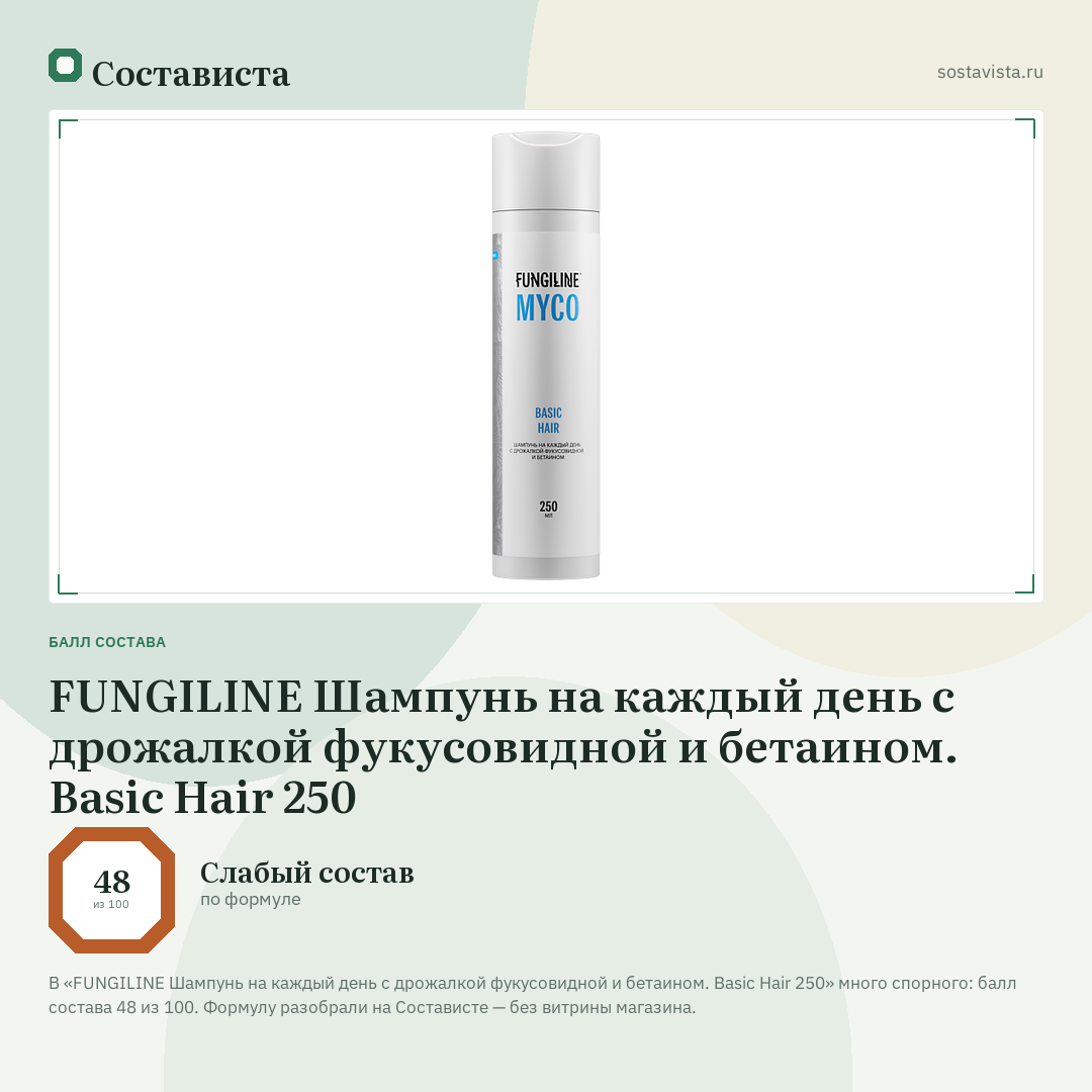 FUNGILINE Шампунь на каждый день с дрожалкой фукусовидной и бетаином. Basic Hair 250: балл состава 48 из 100 — Состависта