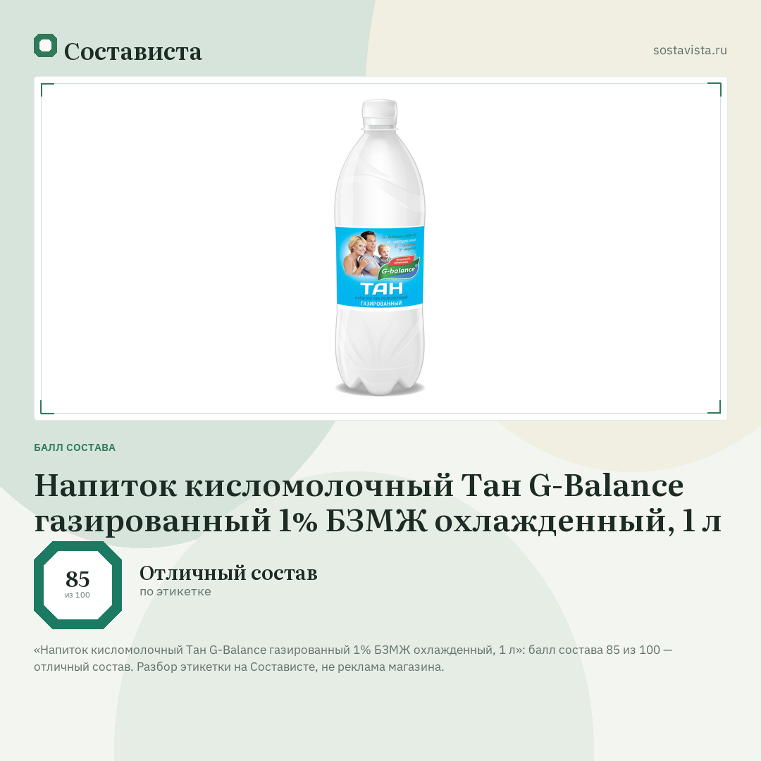 Напиток кисломолочный Тан G-Balance газированный 1% БЗМЖ охлажденный, 1 л: балл состава 85 из 100 — Состависта